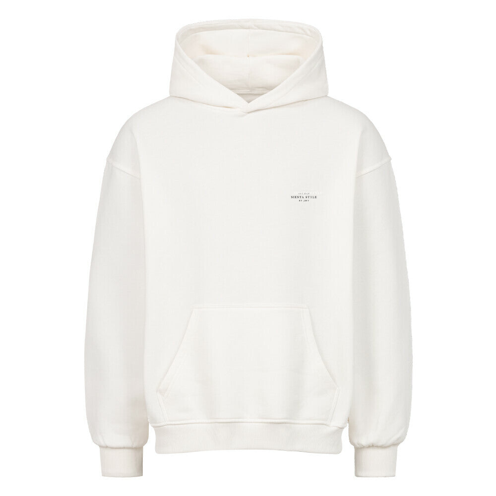 White oversized hoodie with logo print, front view
