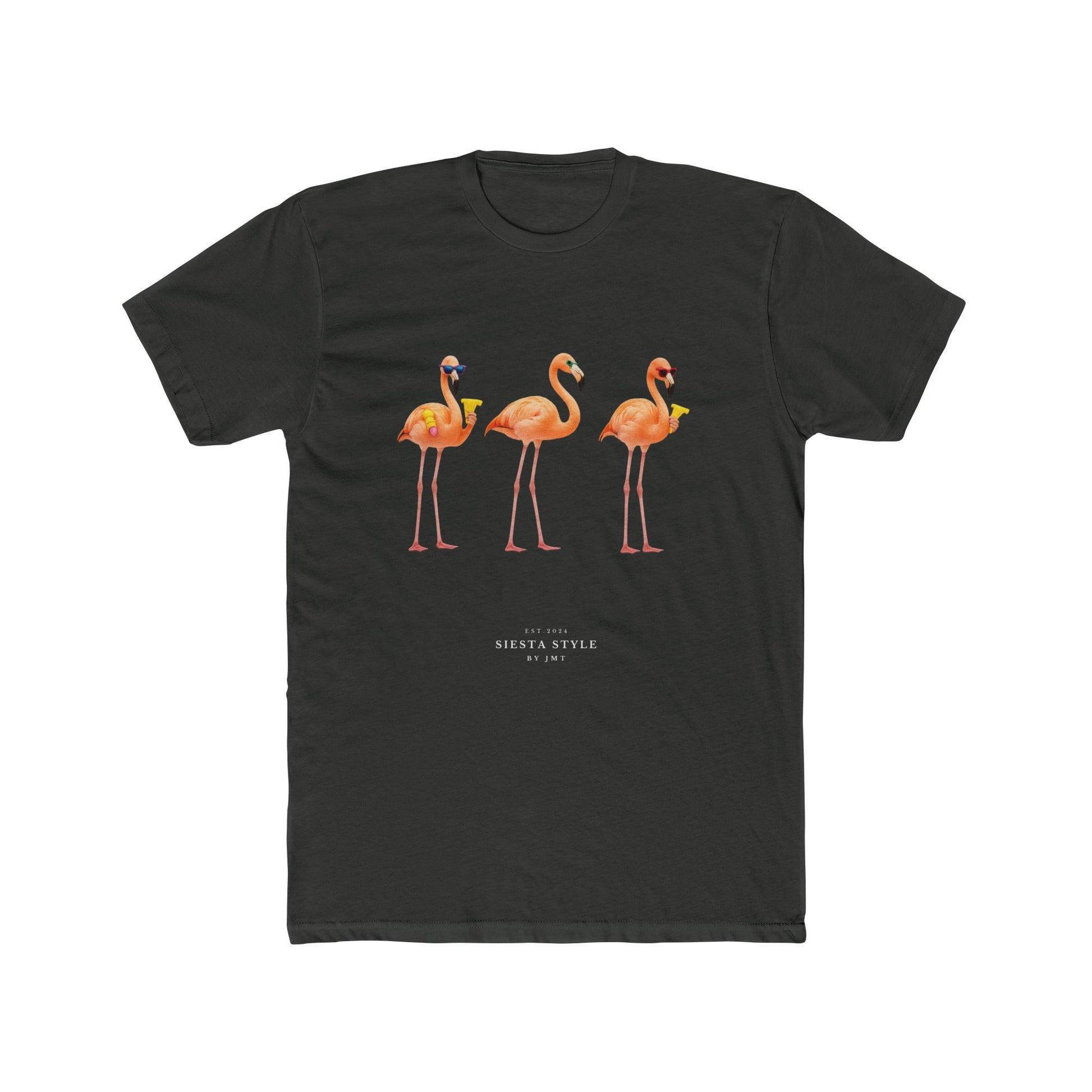 Solid Heavx Metal travel t-shirt with Spanish dancing flamingos wearing sunglasses print
