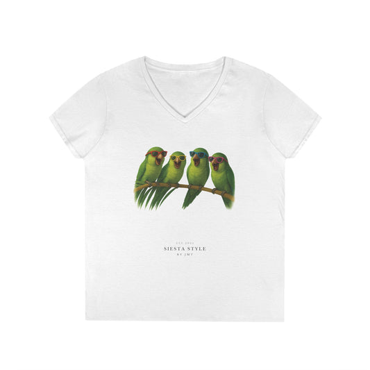 Floral Bird T-Shirt – Soft Cotton V-Neck for Women | Siesta Style