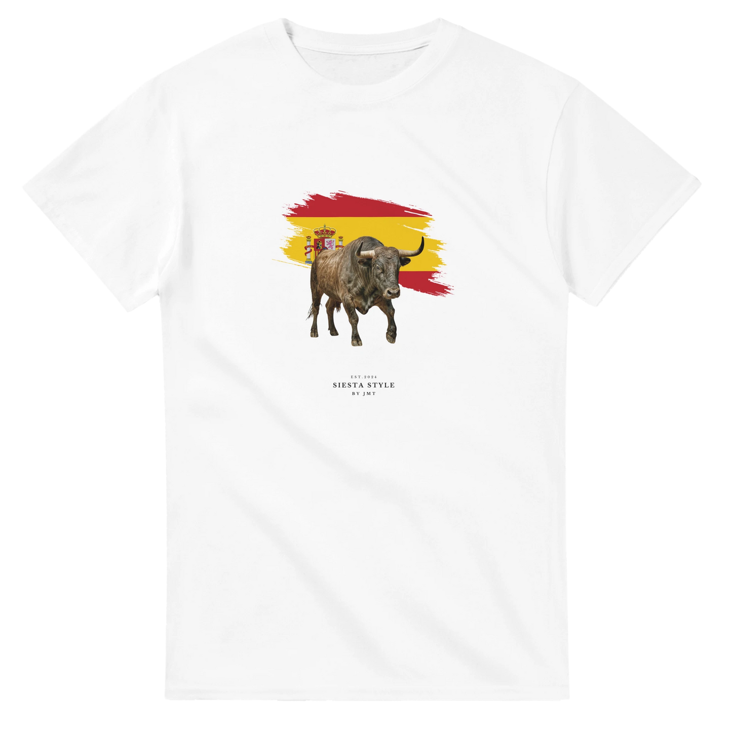 White travel t-shirt with Spanish bull illustration and Spain flag design, Spanish-inspired souvenir tee

Alternative (etwas kürzer & sehr clean):