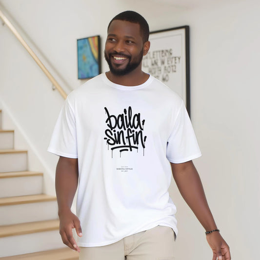 White travel t-shirt with “Baila sin fin” Spanish typography design men