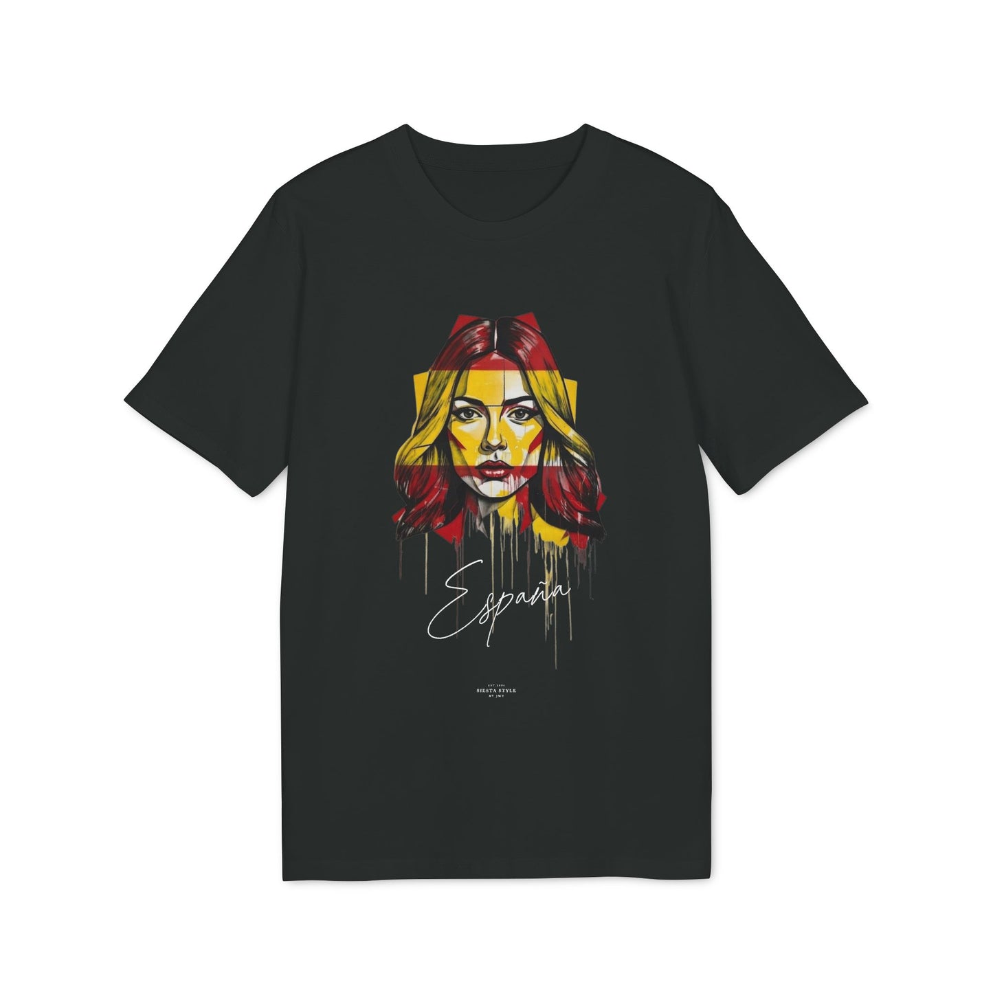 Black T-shirt with street art style design of a woman in red and yellow colors and the text “España”