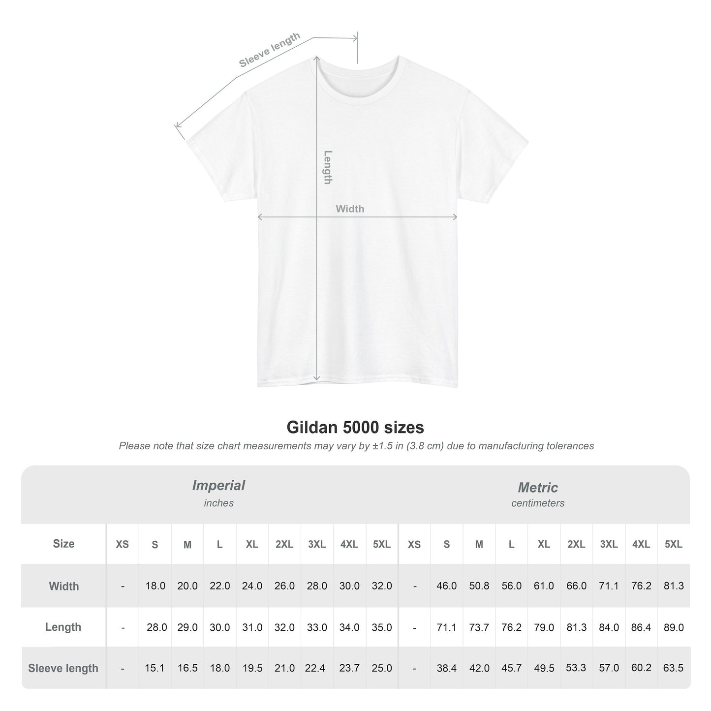 T-shirt size chart with length, width and sleeve measurements