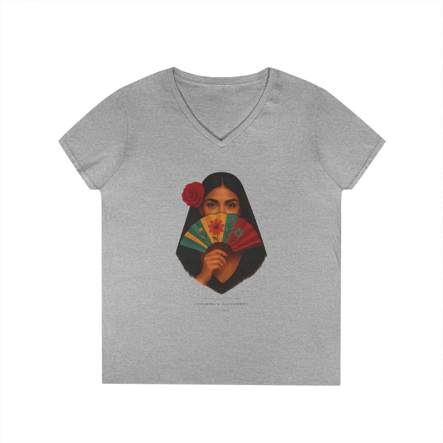 V-Neck T-Shirt with Spanish Lady - Summer Vibes, Casual Elegance