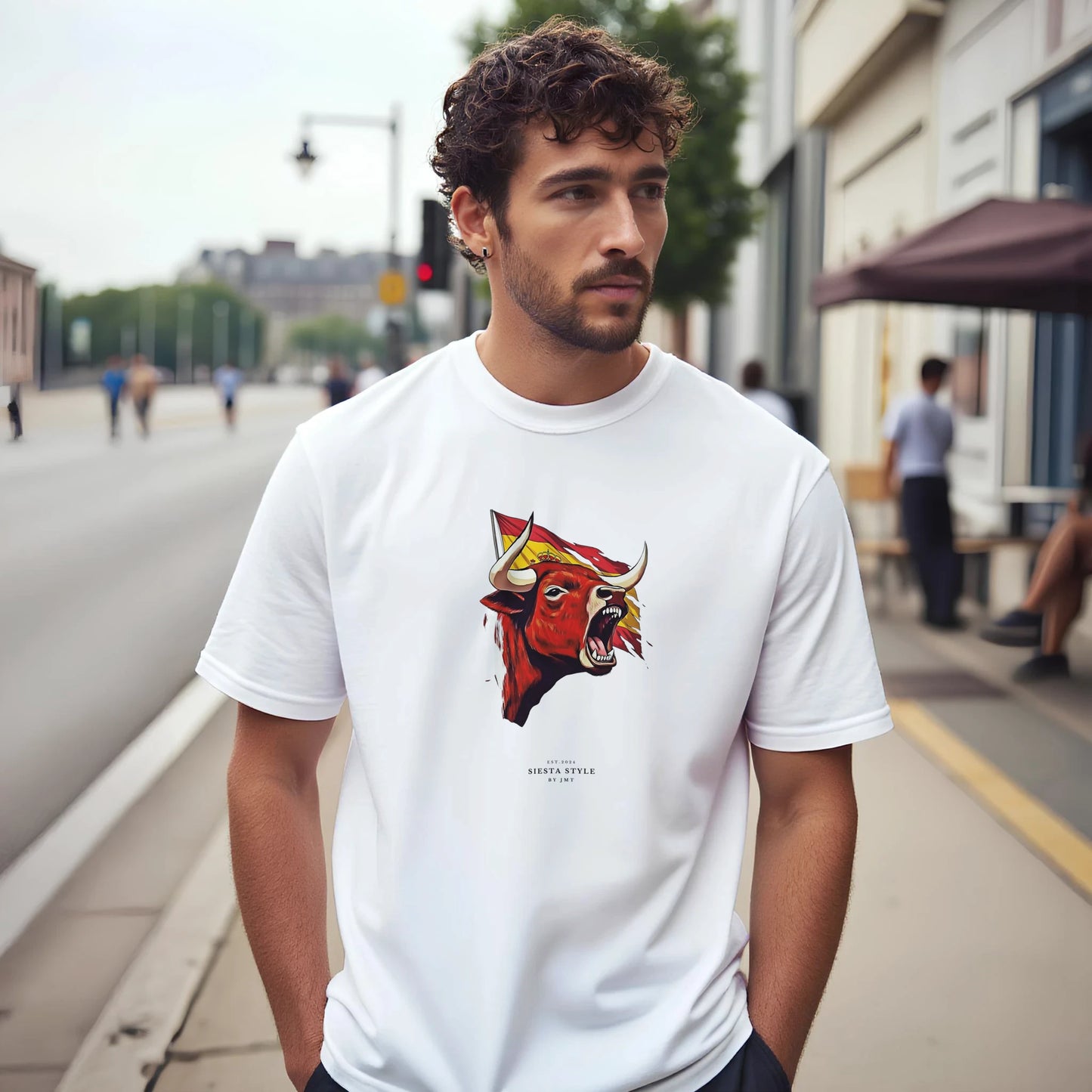 White travel t-shirt with Spanish bull head Print