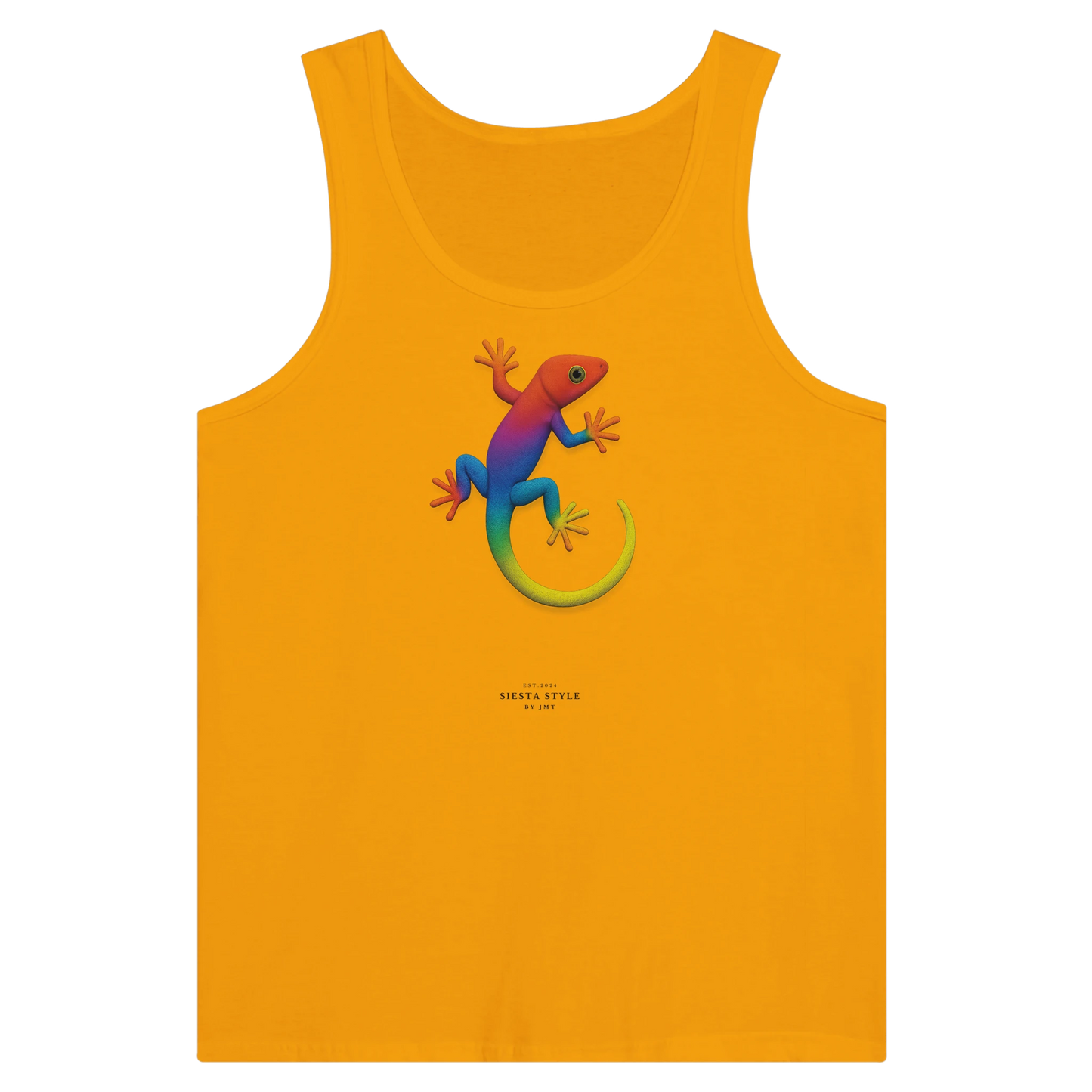 Gold travel tank top with colorful gecko illustration