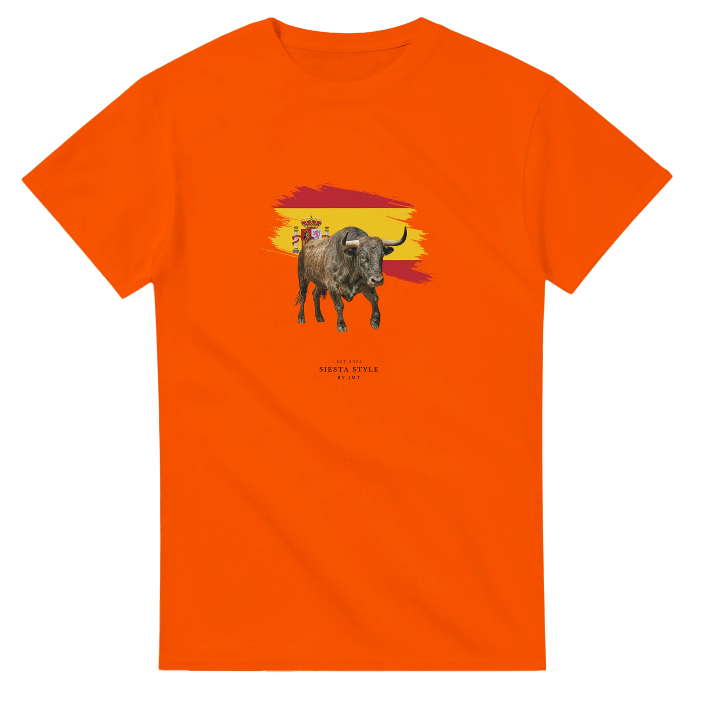 Orange travel t-shirt with Spanish bull illustration and Spain flag design, Spanish-inspired souvenir tee