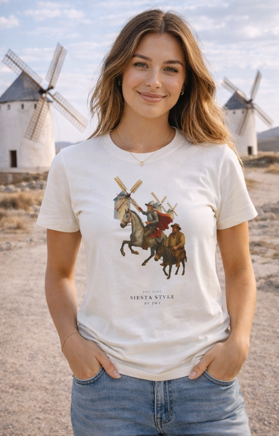 Model wearing cream crew neck T-shirt with Don Quixote print,front view