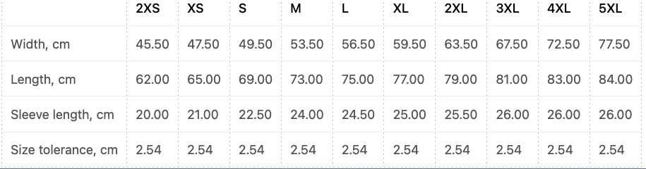 T-shirt size chart with length, width and sleeve measurements