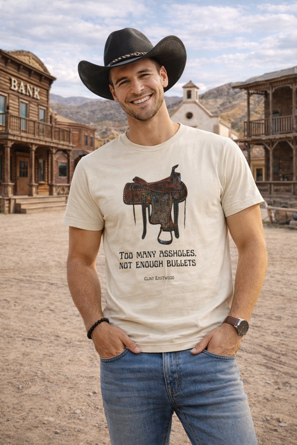 Model wearing a Beige crew neck T-shirt with western saddle graphic and quote print, front view