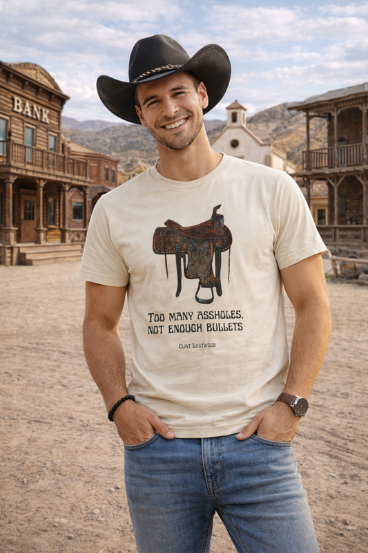 Model wearing a Beige crew neck T-shirt with western saddle graphic and quote print, front view