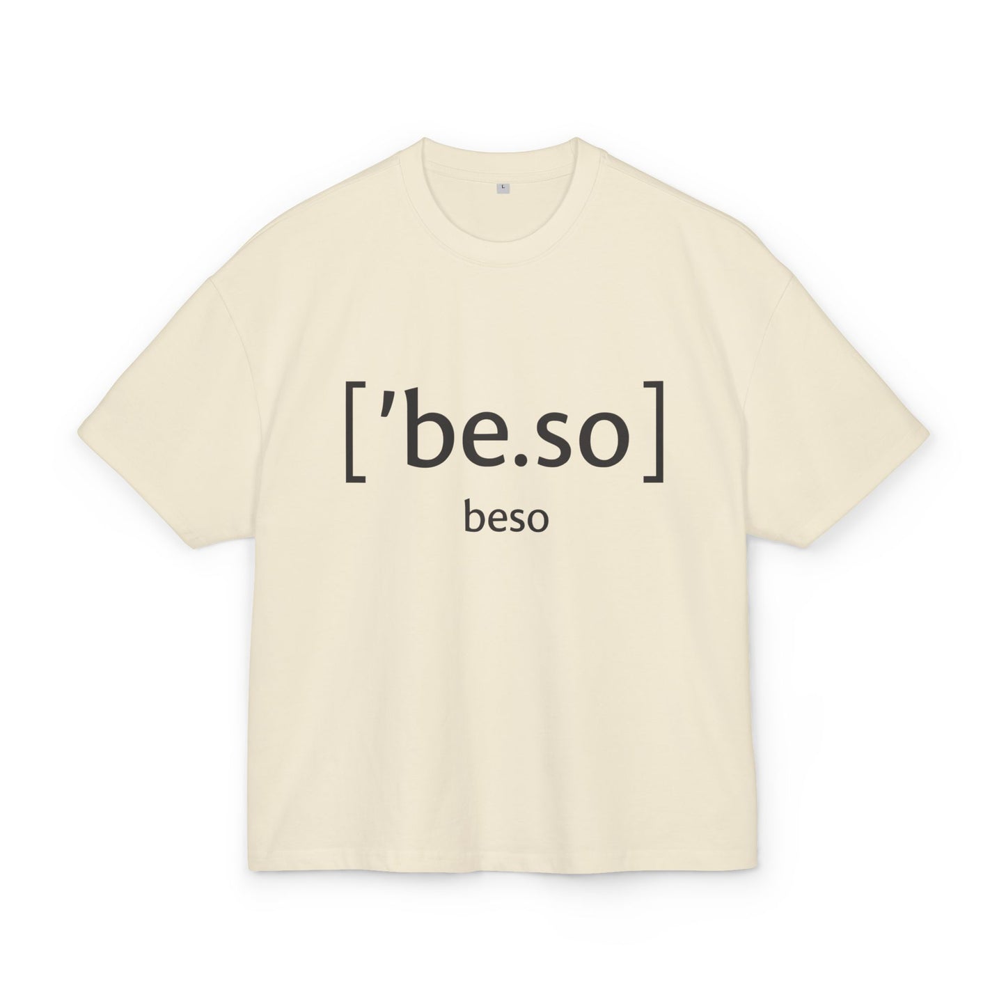 Sand unisex ultra heavy cotton box tee with beso typography print, front view
