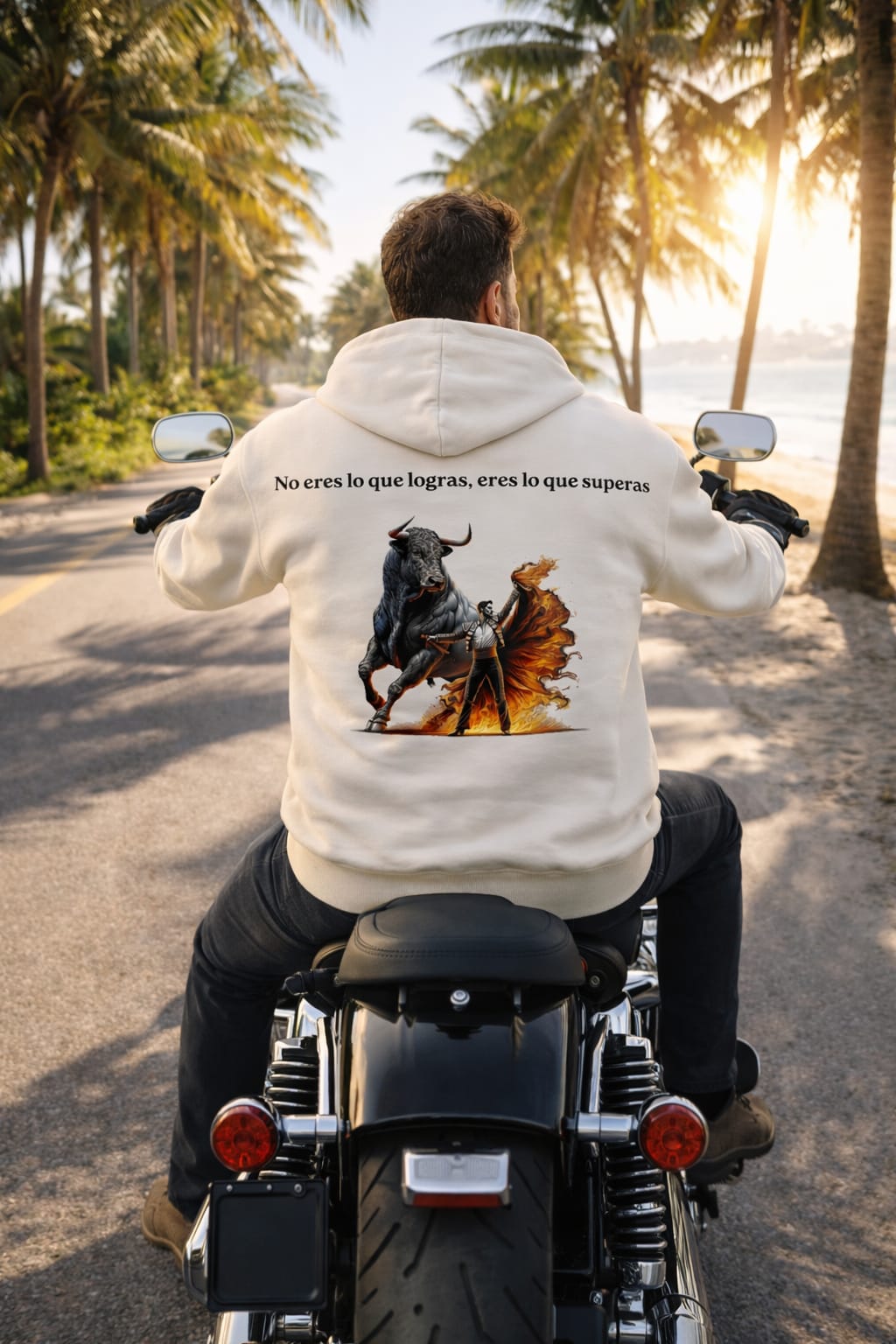 Natural raw  oversized hoodie, back view, graphic print with Spanish quote “No eres lo que logras, eres lo que superas”
