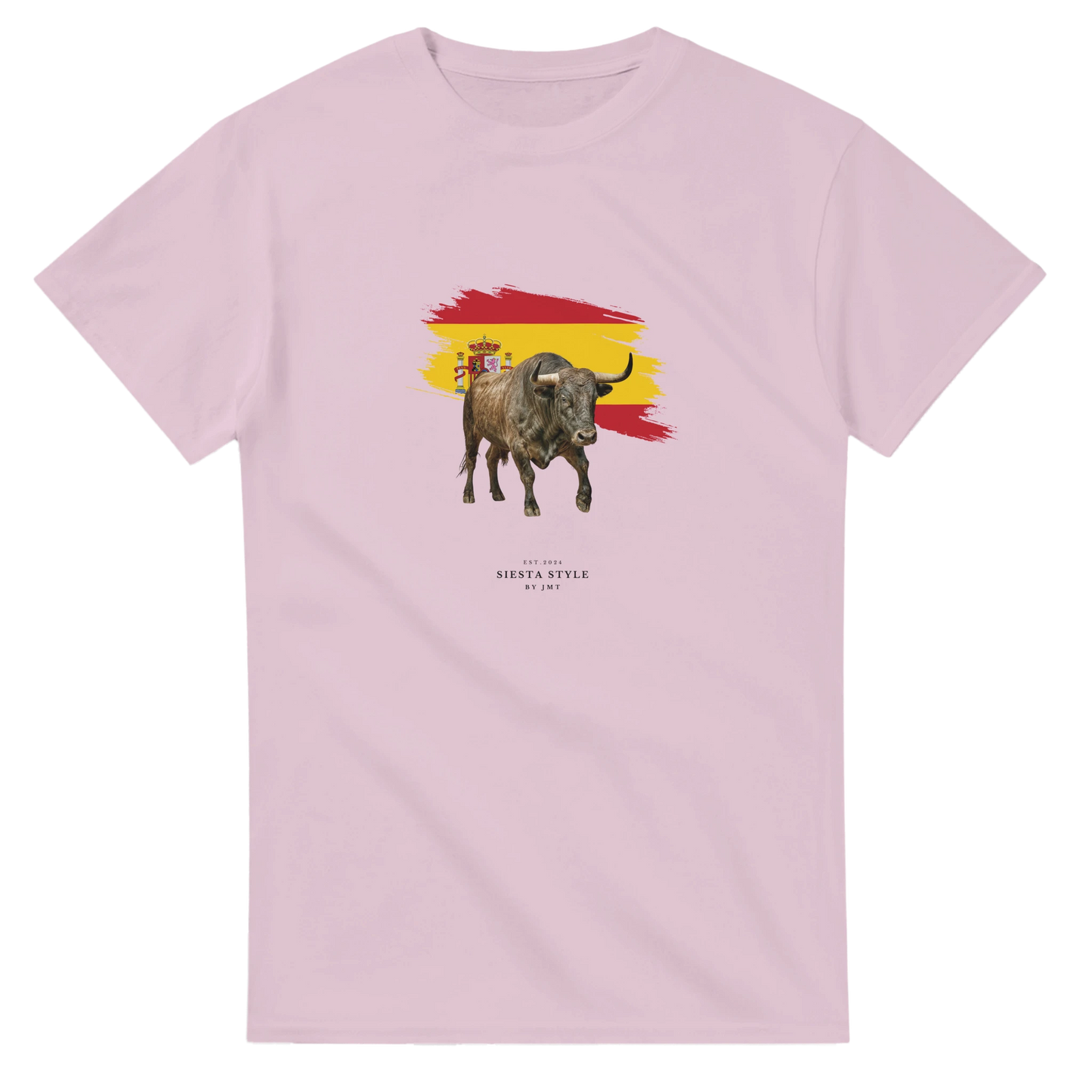 Light Pink travel t-shirt with Spanish bull illustration and Spain flag design, Spanish-inspired souvenir tee