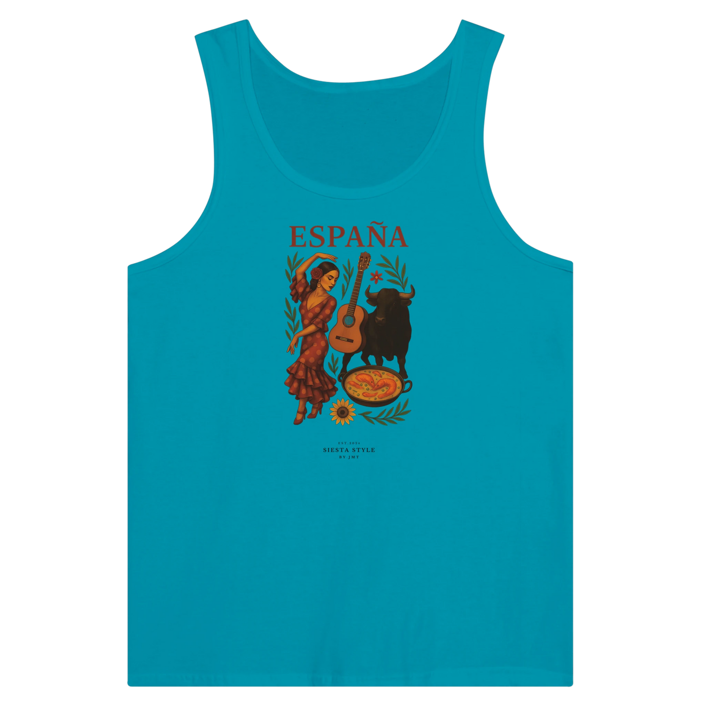 Teal travel tank top with Spanish flamenco dancer, guitar and bull illustration