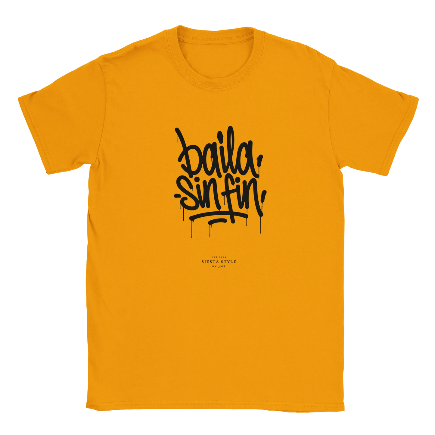 Gold travel t-shirt with “Baila sin fin” Spanish typography design