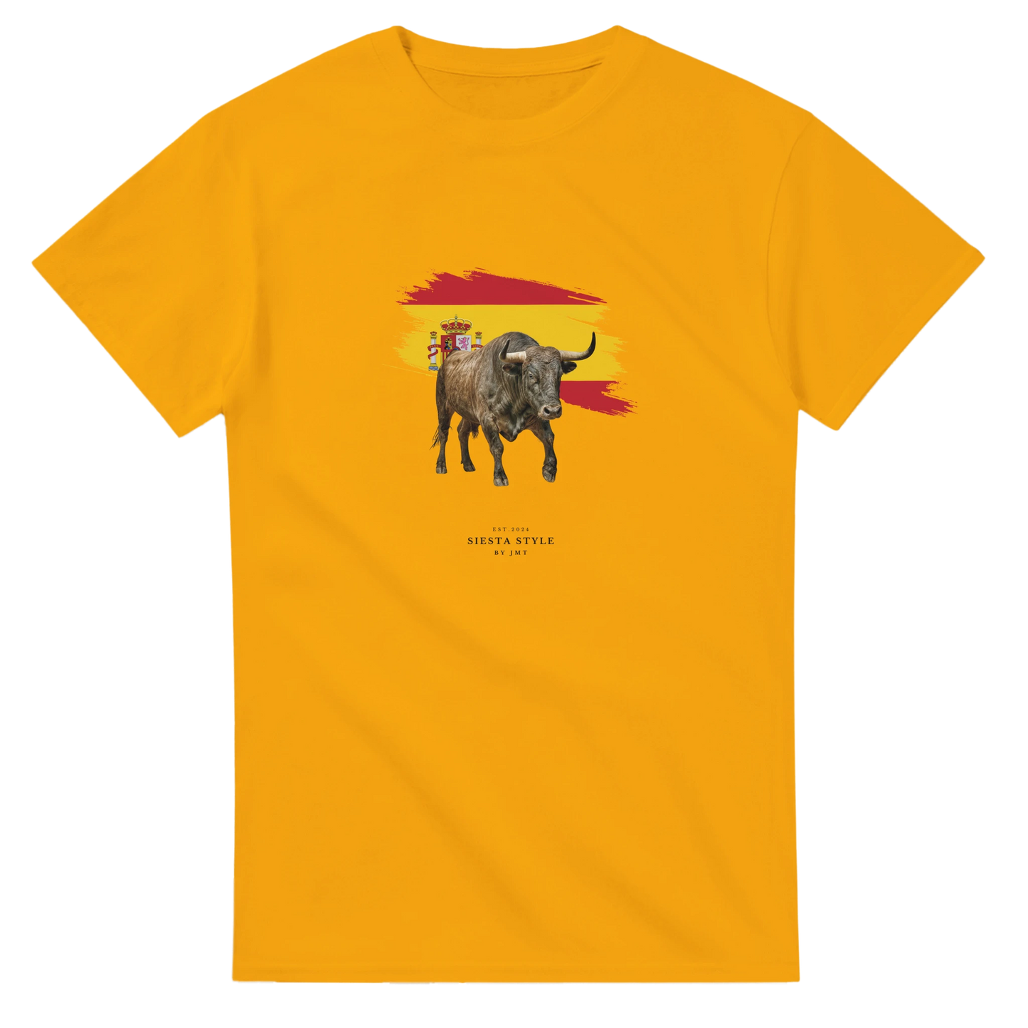 Gold travel t-shirt with Spanish bull illustration and Spain flag design, Spanish-inspired souvenir tee