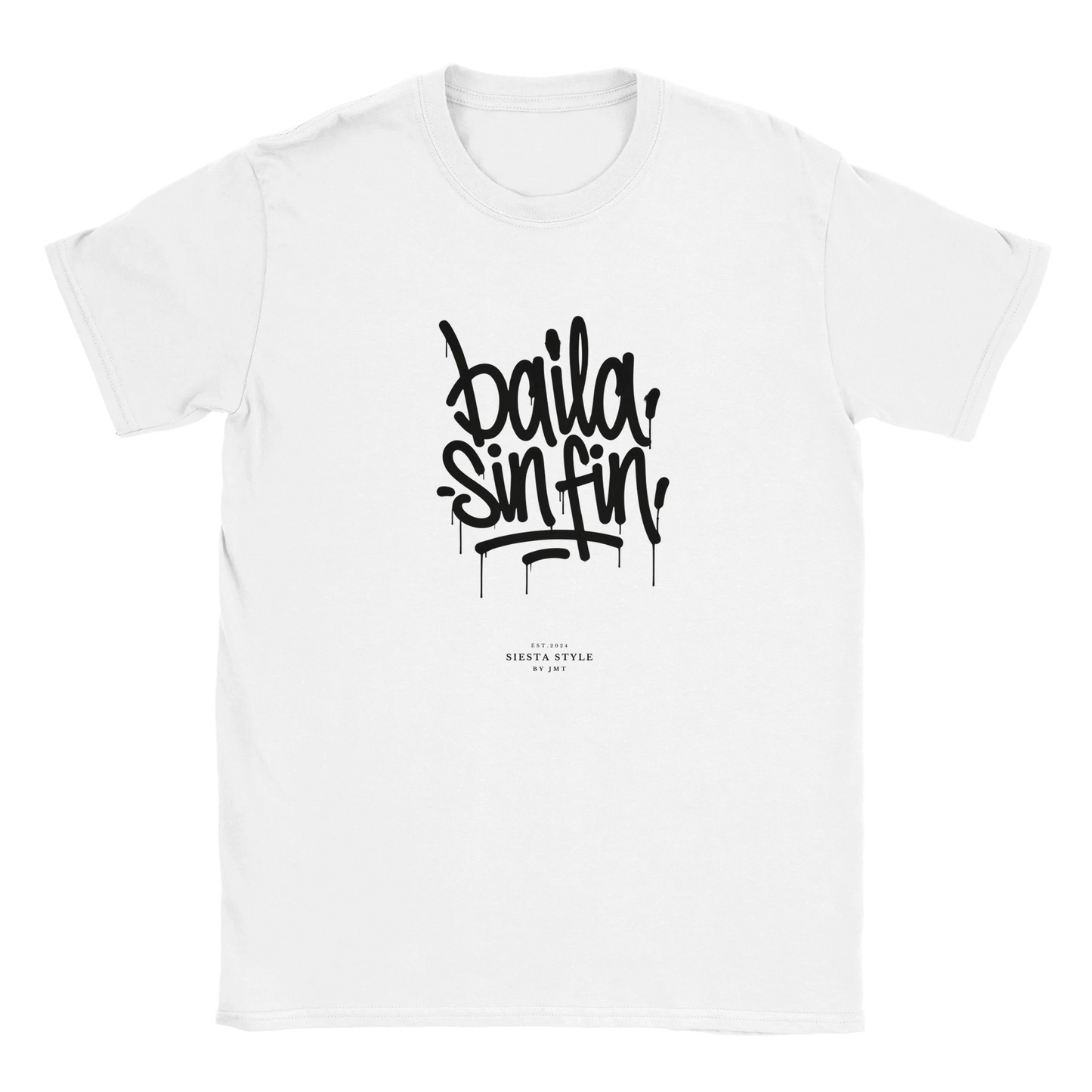 White travel t-shirt with “Baila sin fin” Spanish typography design