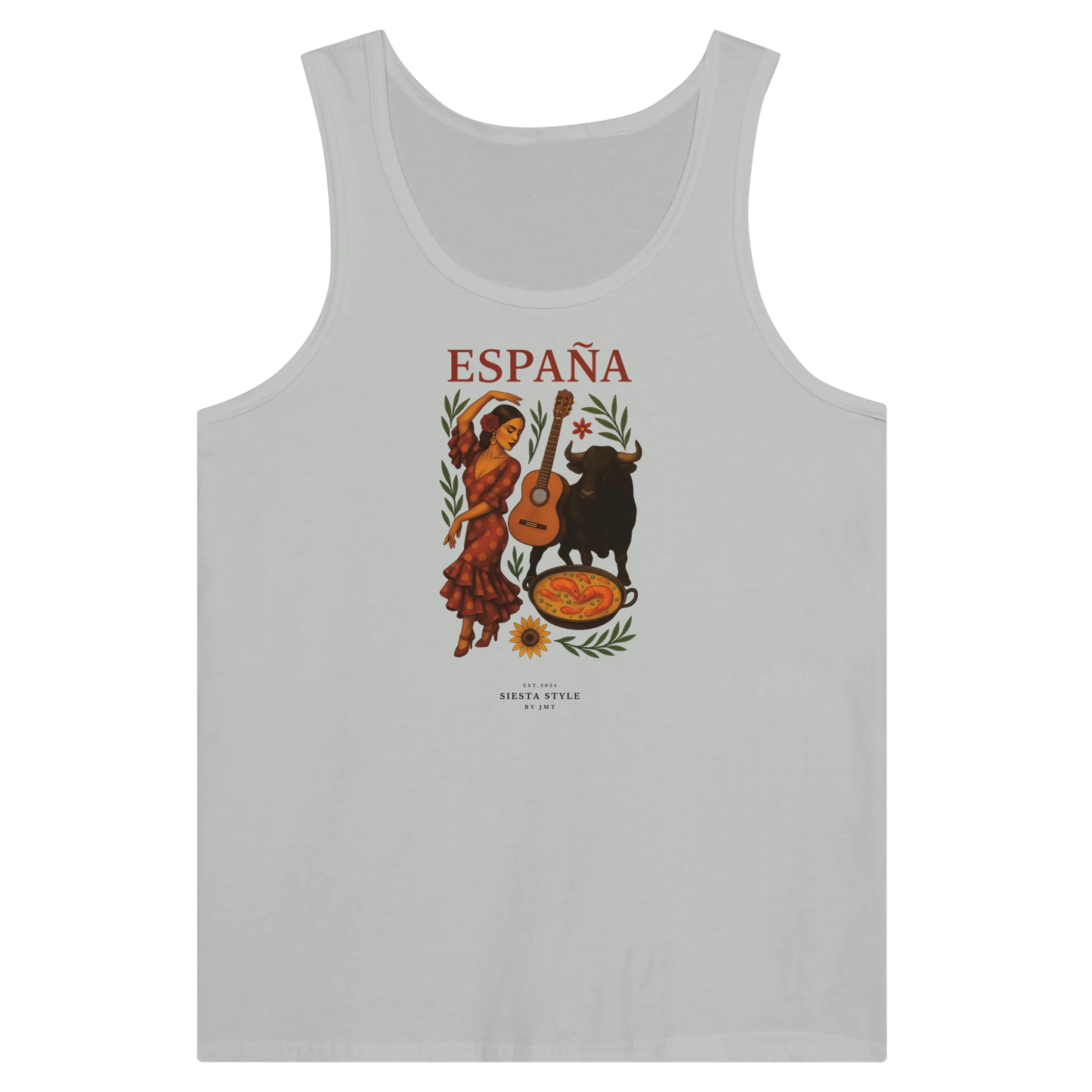Silver travel tank top with Spanish flamenco dancer, guitar and bull illustration