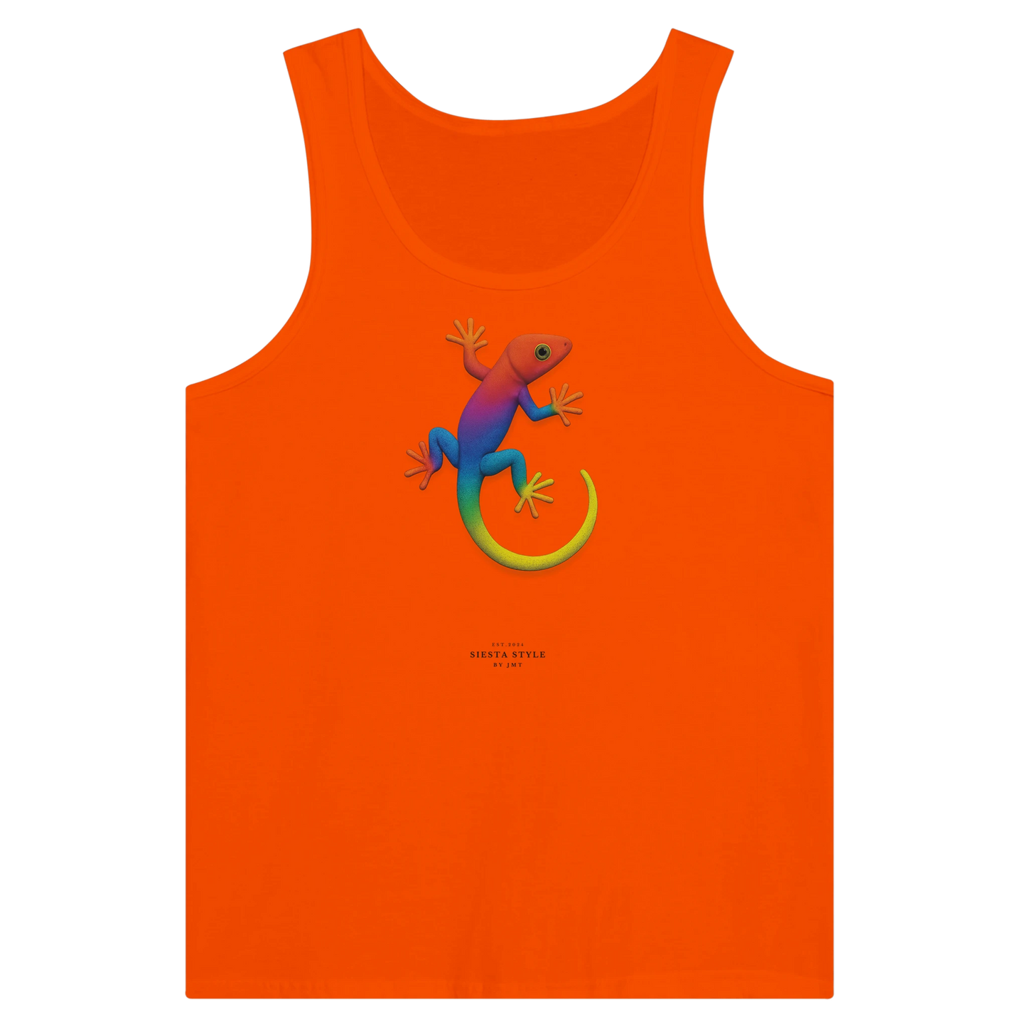 Orange travel tank top with colorful gecko illustration