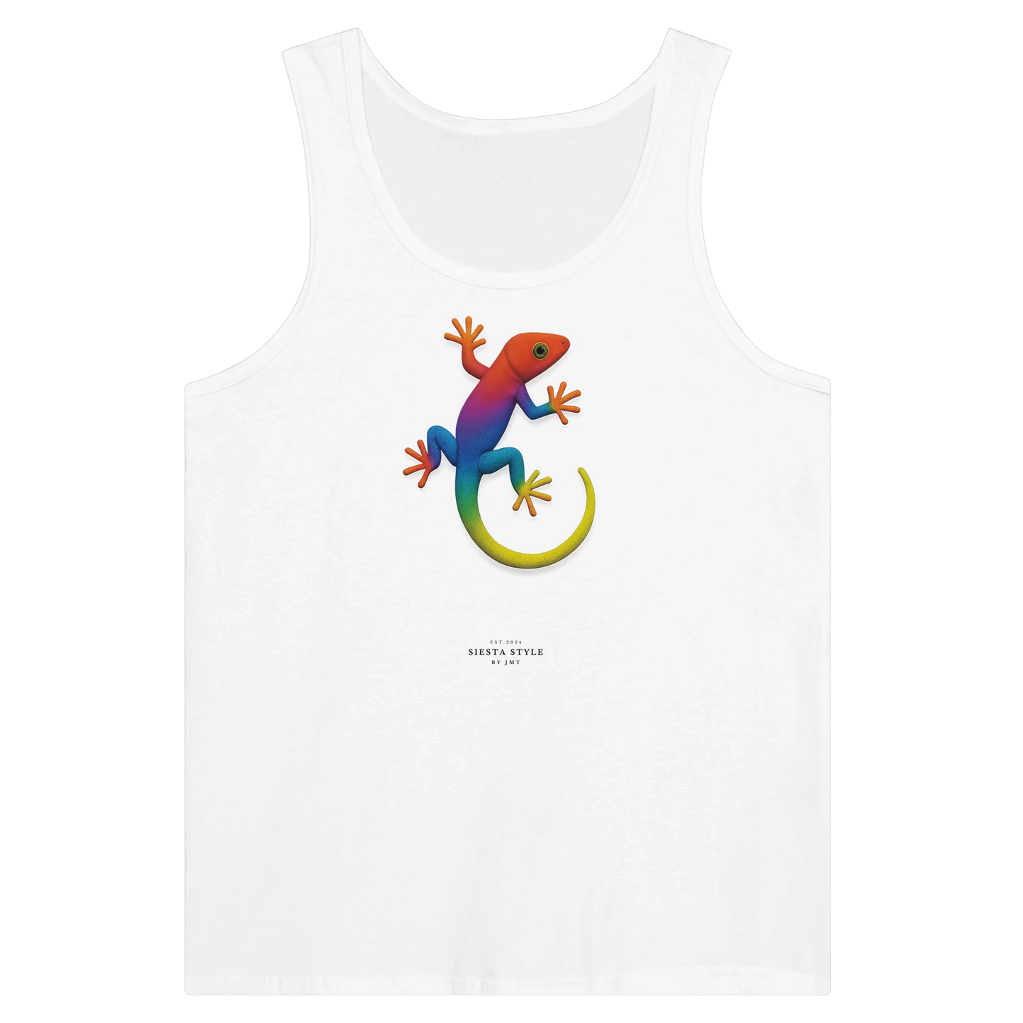 White travel tank top with colorful gecko illustrationd7c