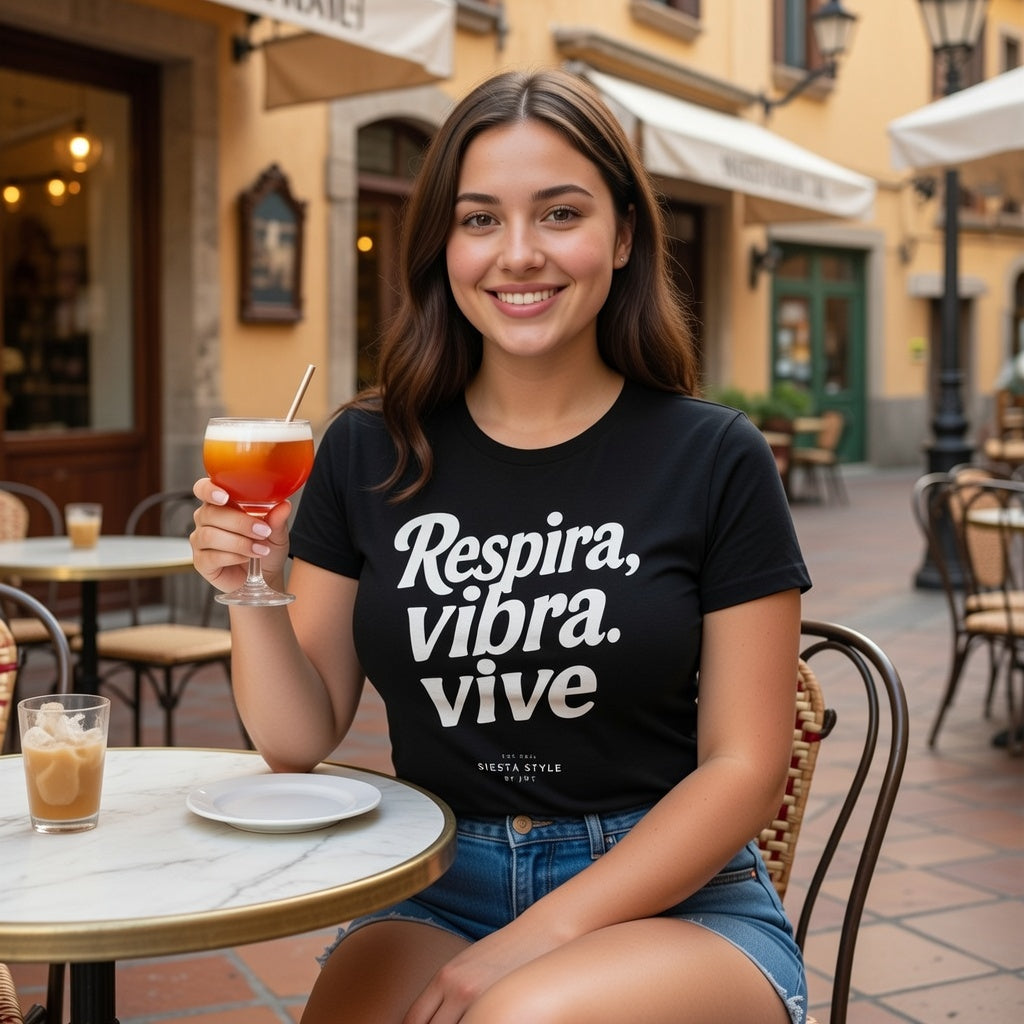 Black crew neck t-shirt with “Respira, vibra, vive” typography print, lifestyle cafe setting
