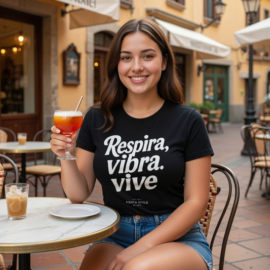 Black crew neck t-shirt with “Respira, vibra, vive” typography print, lifestyle cafe setting
