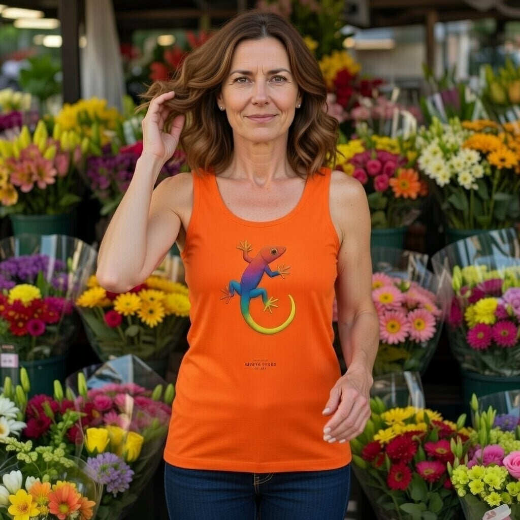 Orange travel tank top with colorful gecko illustration