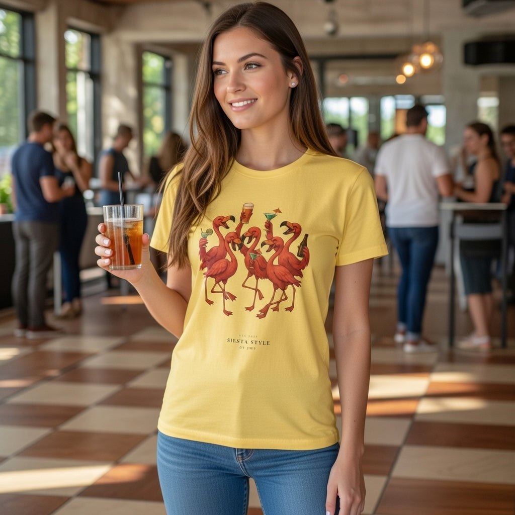 Solid Banana Cream  travel t-shirt with Spanish flamingo print