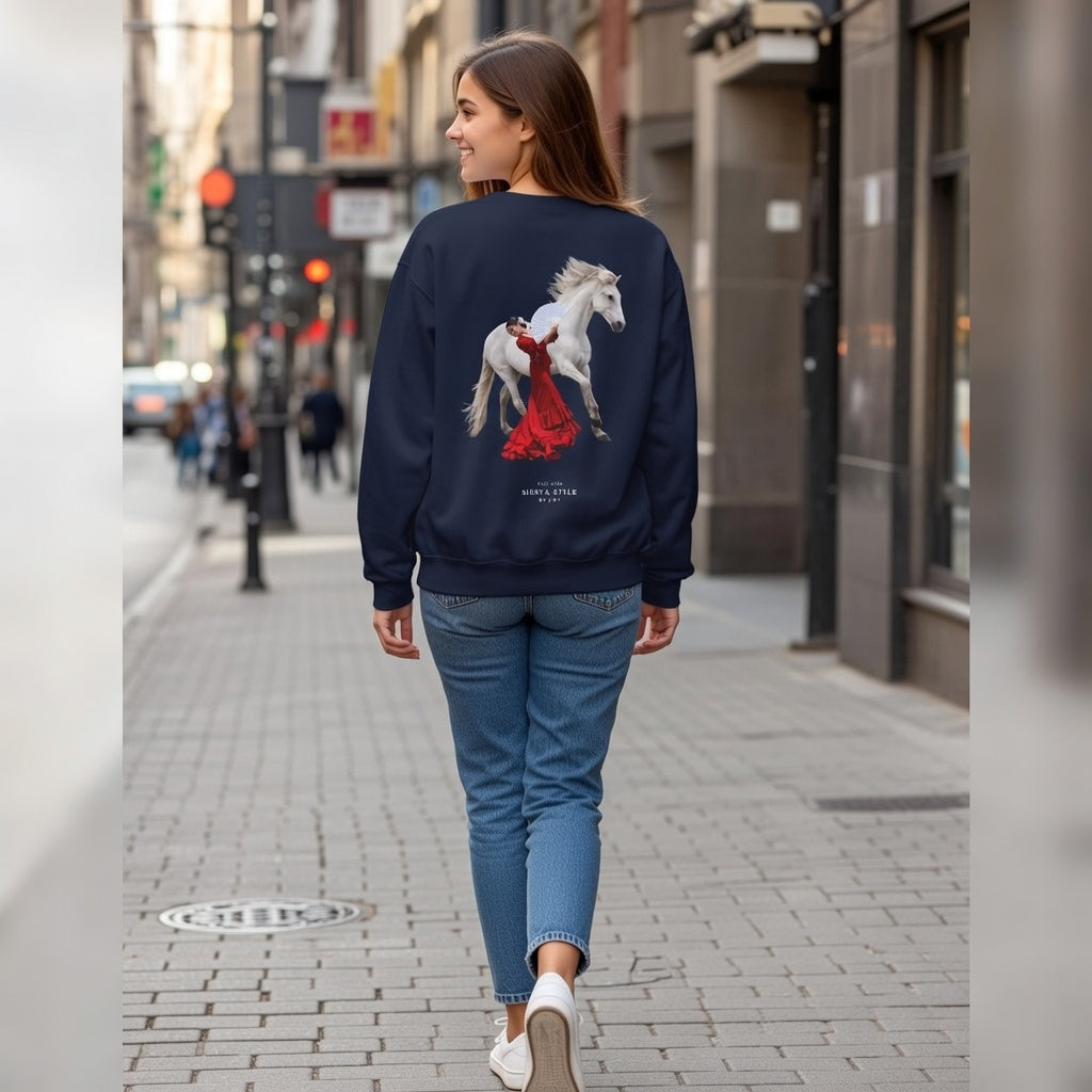 Model wearing a navy blue crewneck sweatshirt with horse and flamenco dancer print, back view