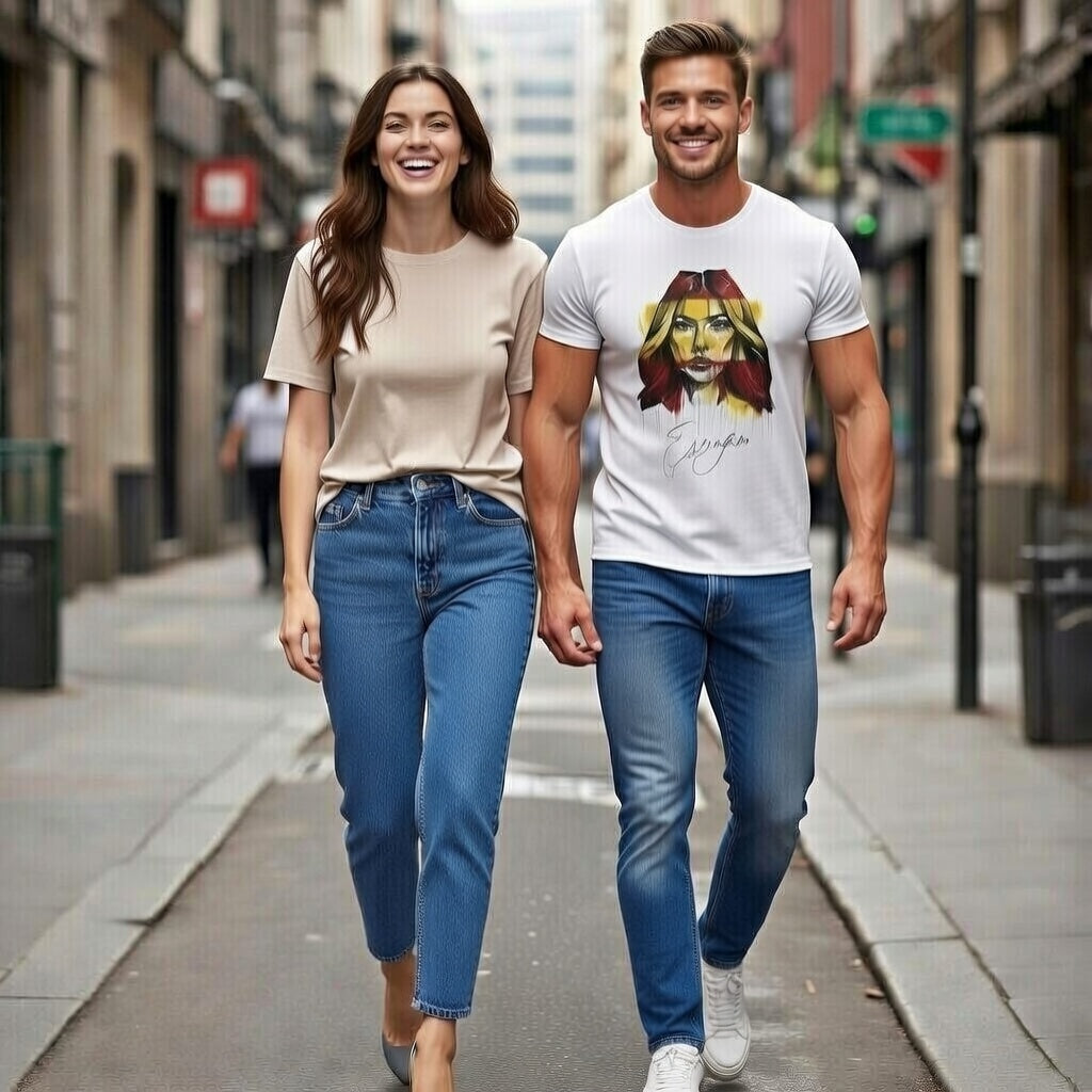 White T-shirt with street art style design of a woman in red and yellow colors and the text “España”