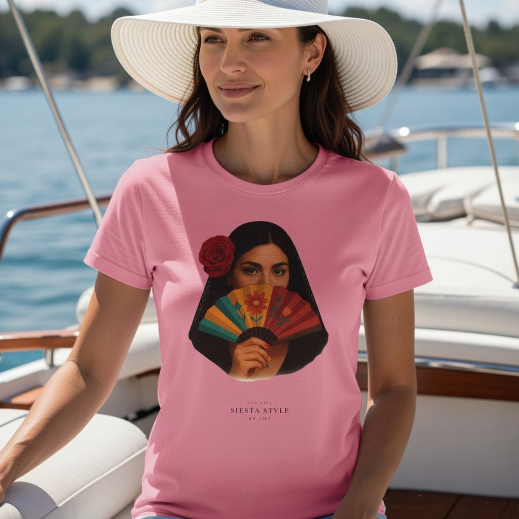Pink travel t-shirt with Spanish woman and hand fan print