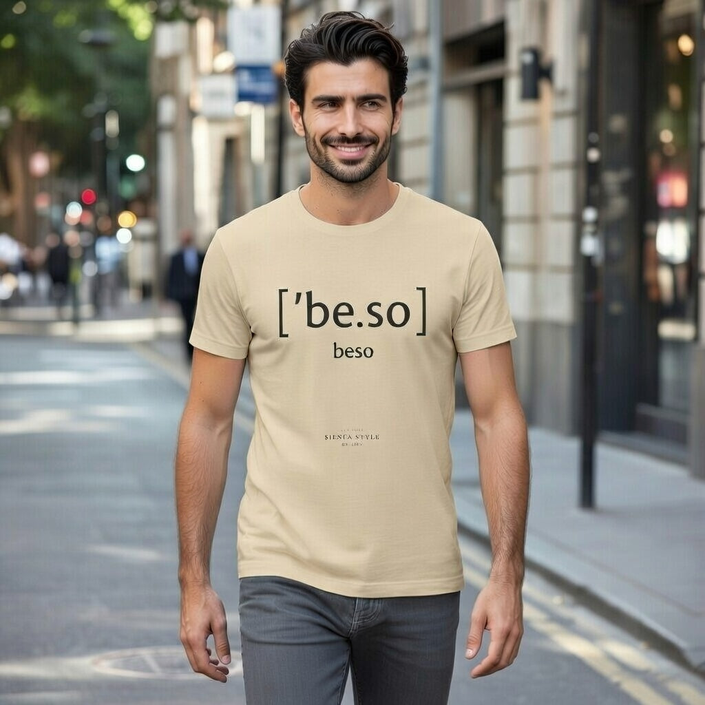 Model wearing a Solid Natural crew neck T-shirt with “[be.so] beso” typographic print, front view
