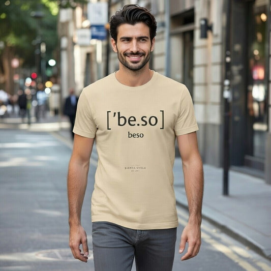 Model wearing a Solid Natural crew neck T-shirt with “[be.so] beso” typographic print, front view
