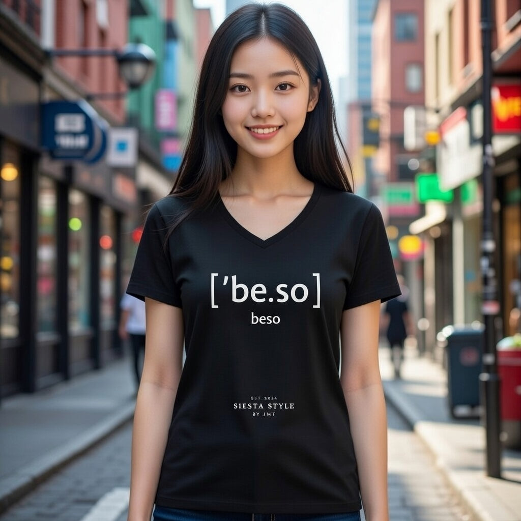 Model wearing black V-neck T-shirt with "Beso" print, front view