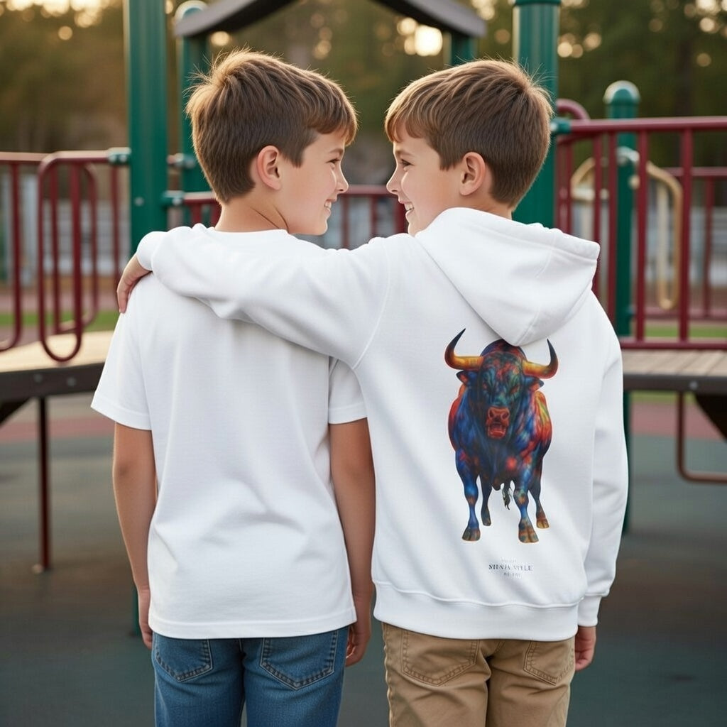 Child model wearing white hooded sweatshirt with large colorful bull print, back view
