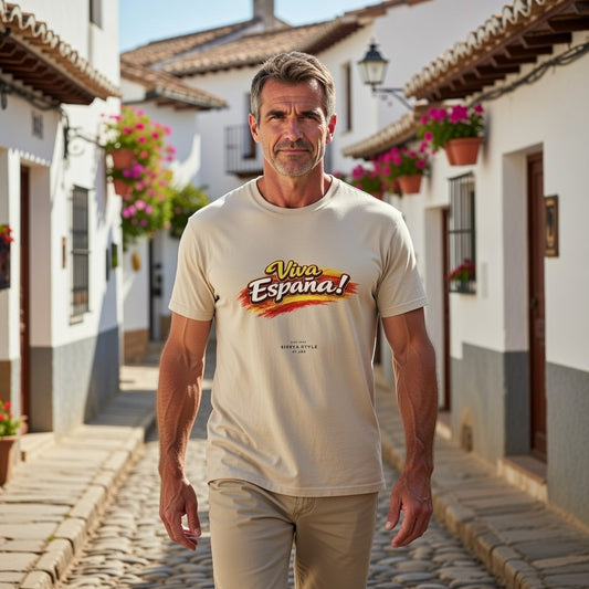 Sand travel t-shirt with “Viva España” Spanish typography design