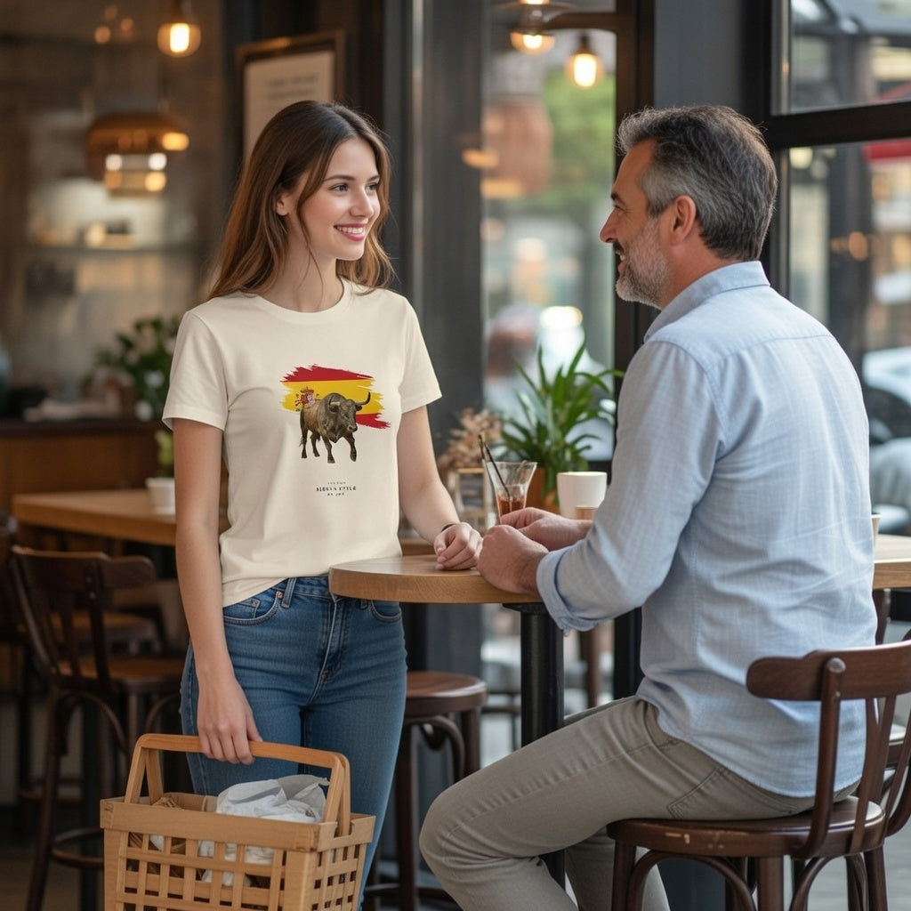 Spanish travel t-shirt with bull design worn by a woman in a café, capturing vacation vibes and Spanish lifestyle