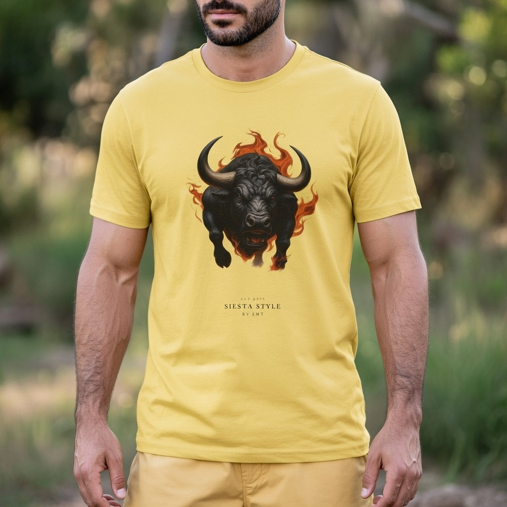 Yellow T-shirt with flaming bull street art style design