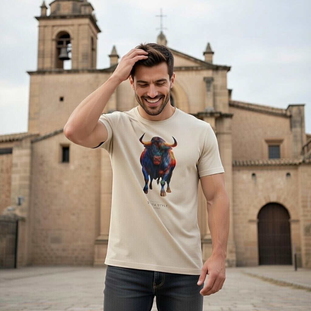 Solid Cream crew tee t-shirt with colorful bull print, front view, lifestyle 