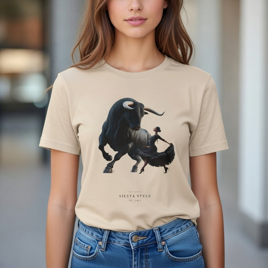 Künstlerisches Unisex-T-Shirt aus Baumwolle mit Rundhalsausschnitt – Auffälliges Bullen- und Tänzer-Design