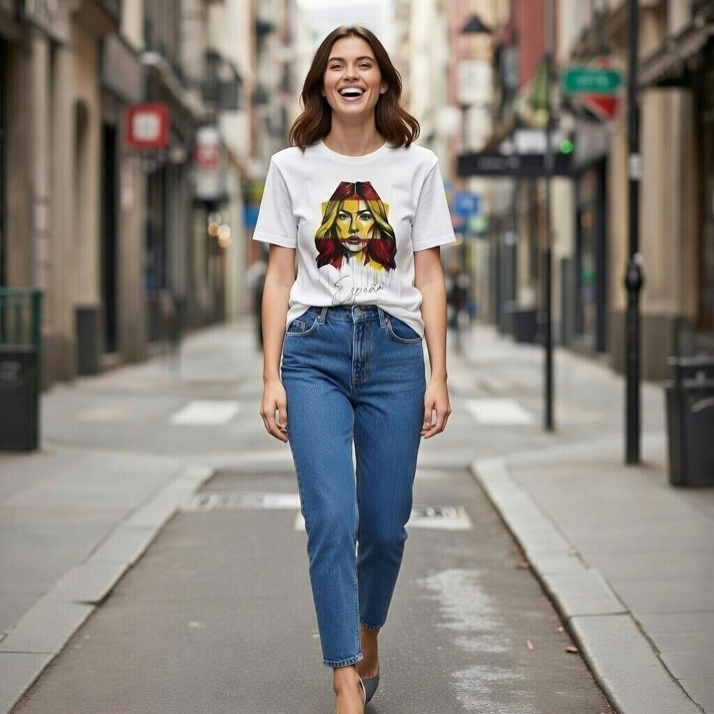 White T-shirt with street art style design of a woman in red and yellow colors and the text “España”