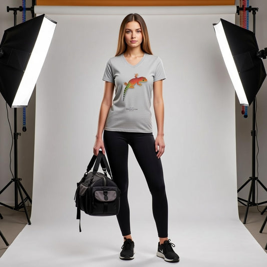 Gecko T-Shirt – Unisex Baumwolle V-Ausschnitt mit tropischem Eidechsen-Print | Siesta Style