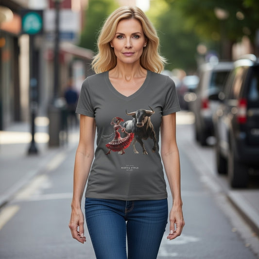 Cultural Fiesta V-Ausschnitt T-Shirt – Tanzende Frau & Stier Design | Siesta Style