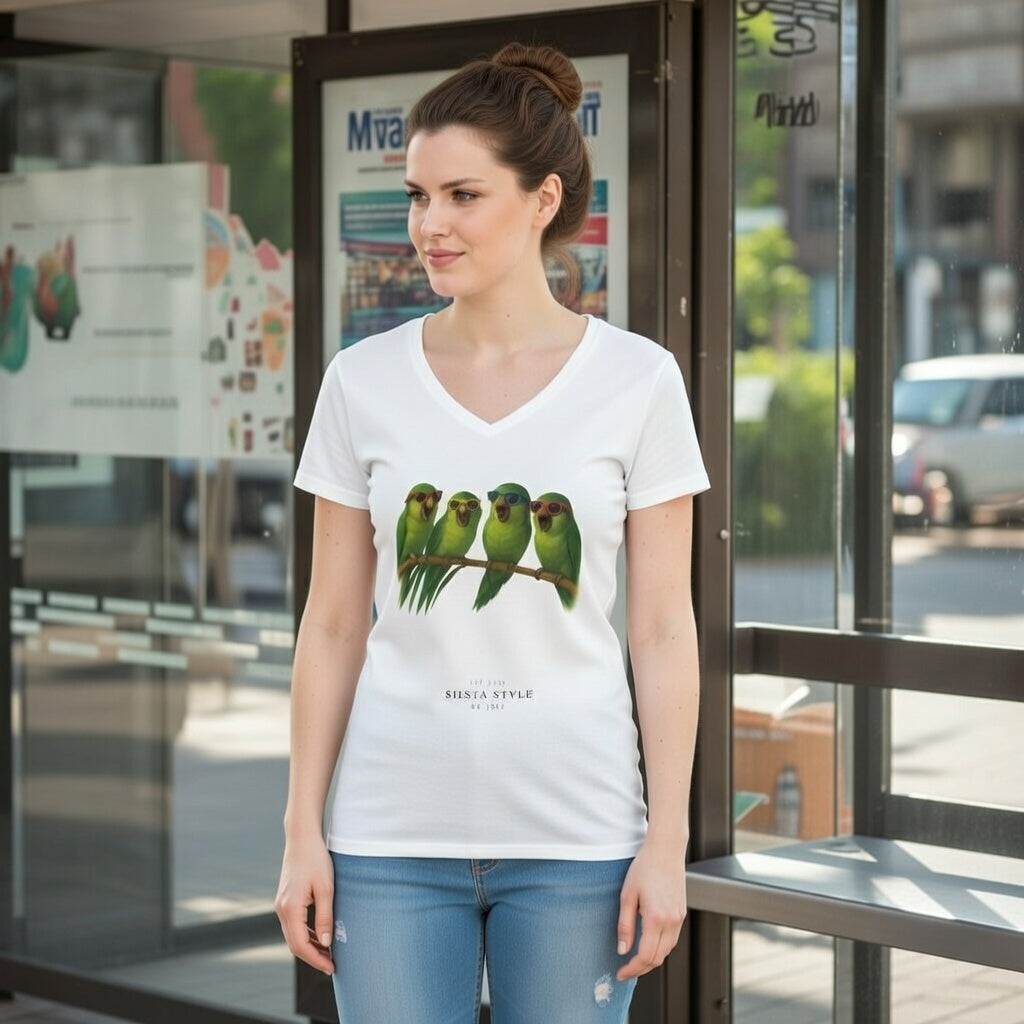 Vogel T-Shirt mit Blumenmotiv – Weiches Damen V-Ausschnitt-Shirt aus Baumwolle | Siesta Style