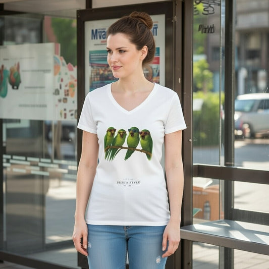 Vogel T-Shirt mit Blumenmotiv – Weiches Damen V-Ausschnitt-Shirt aus Baumwolle | Siesta Style