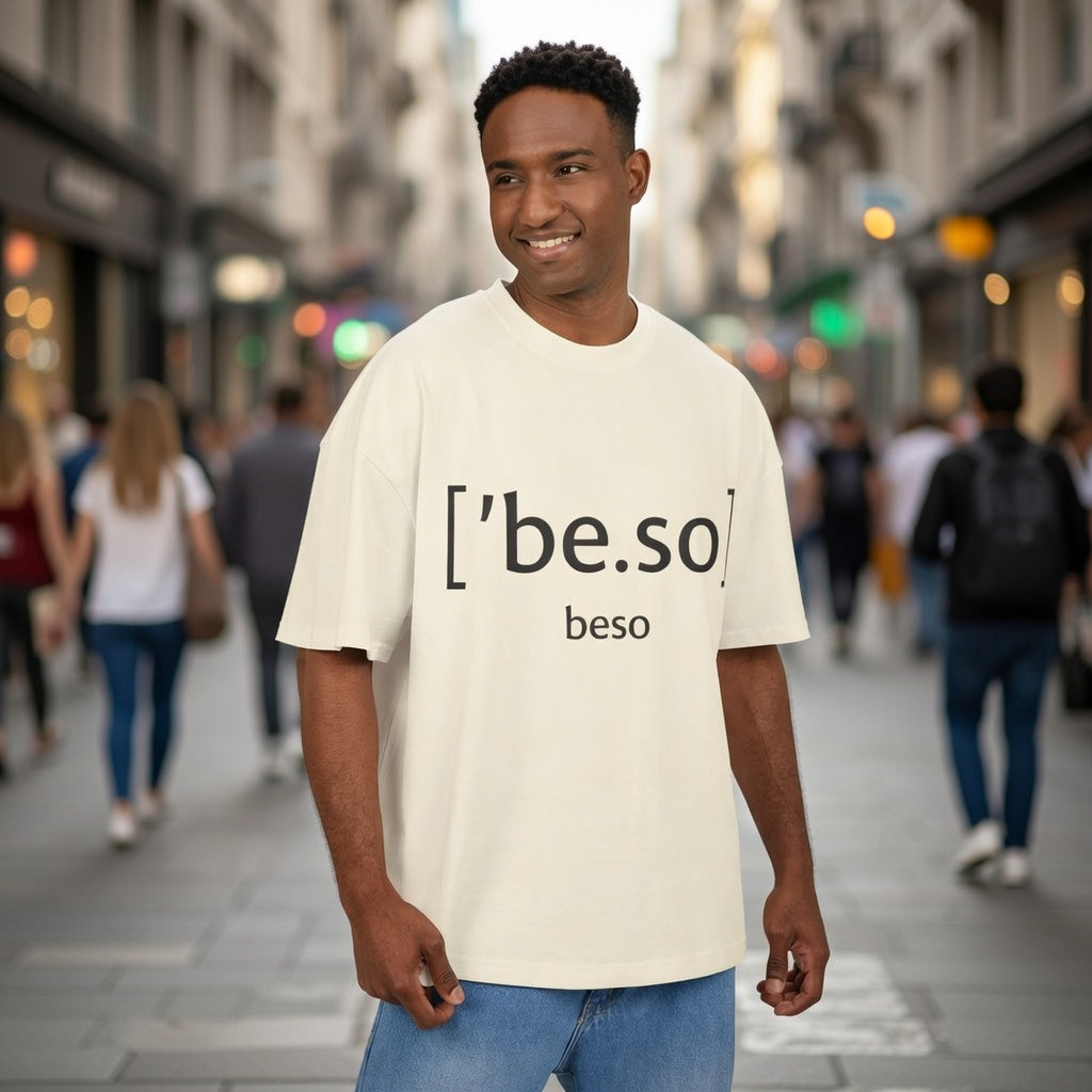 Sand ultra heavy cotton box tee with “[be.so] beso” typographic print, model view