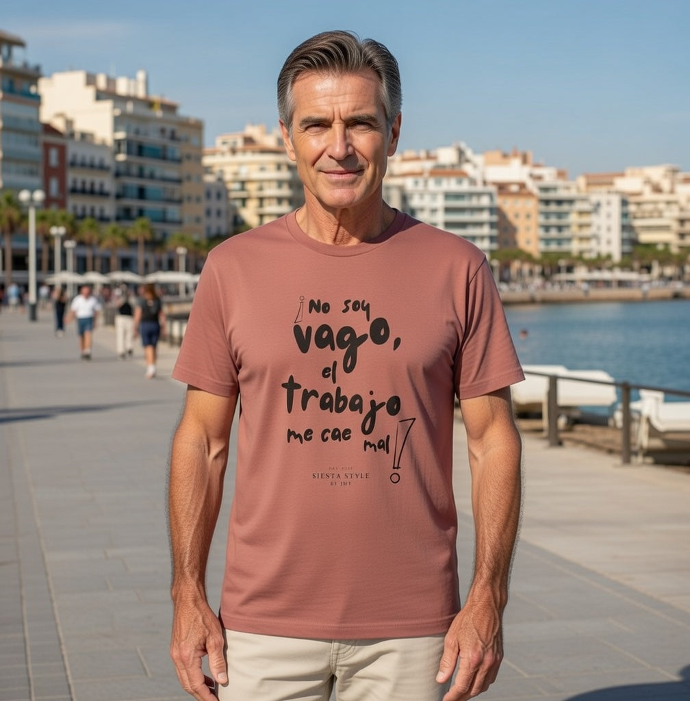 Model wearing unisex crew neck T-shirt with Spanish text print, front view