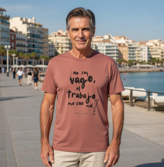 Model wearing unisex crew neck T-shirt with Spanish text print, front view
