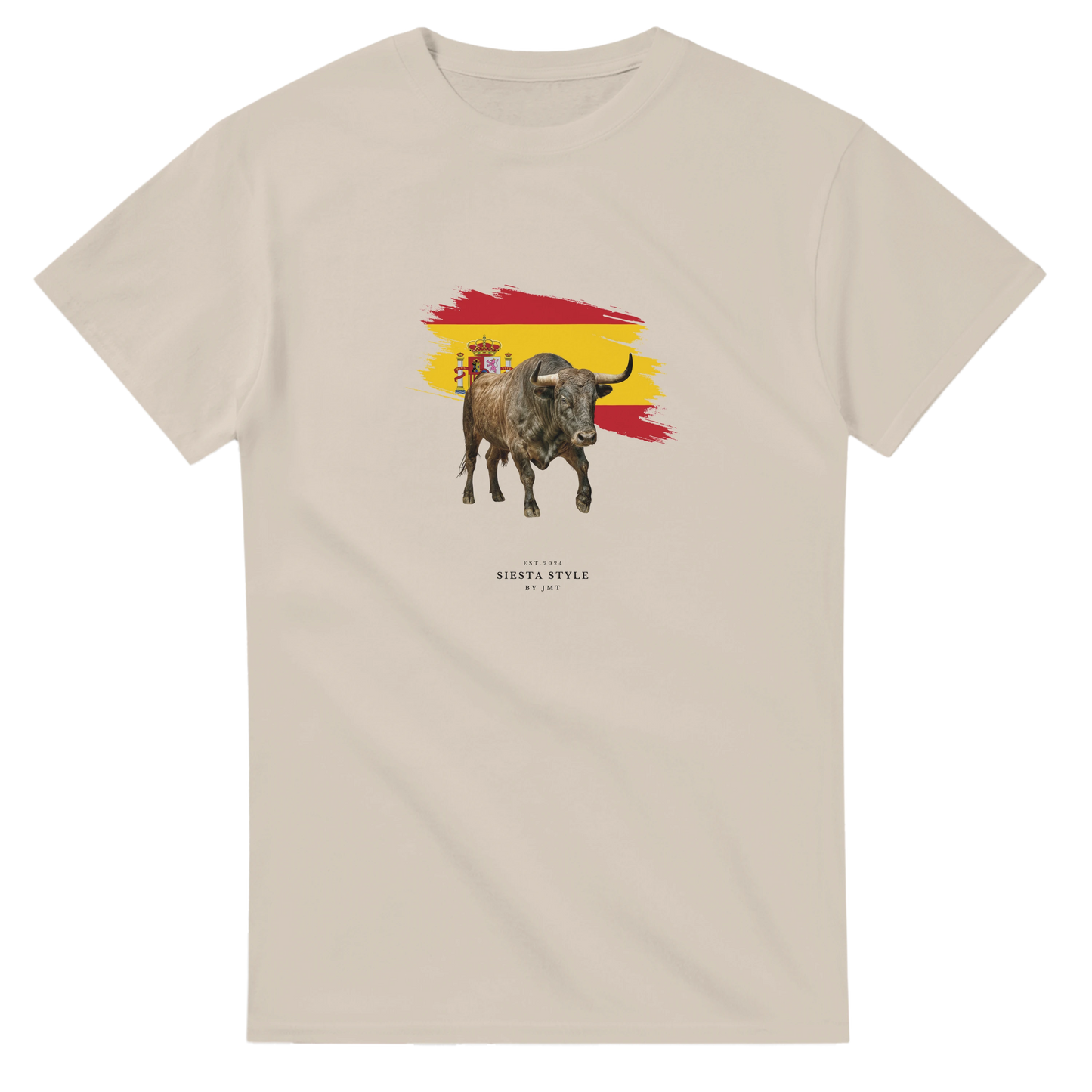 Sand travel t-shirt with Spanish bull illustration and Spain flag design, Spanish-inspired souvenir tee